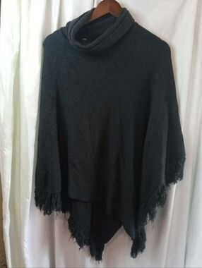 Mystree Charcoal Gray Turtleneck Cowl Fringe Poncho Sweater Goth Scandi Winter